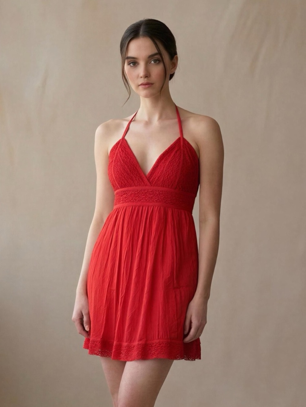 Guess Cotton Gauze Coral Red Smocked Halter Mini Dress